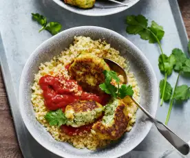 Orientalische Fischfrikadellen mit Tomatensauce und Couscous