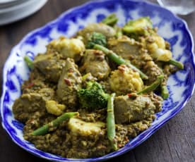 Curried sausages and lentils