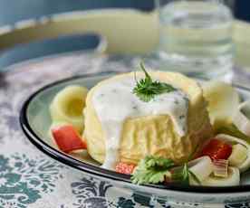 Goat's cheese flans with yoghurt sauce and leeks