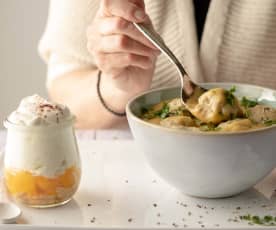 Zuppa di lenticchie gialle con polpette e dessert crema Solero