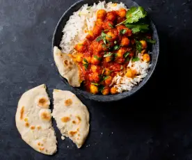 Arroz basmati con curry de garbanzos y pan indio (Cocción de arroz)