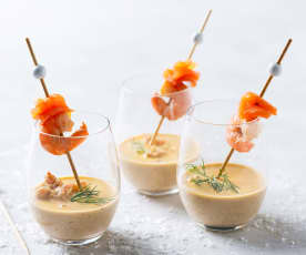 Crema de ahumados y gambas