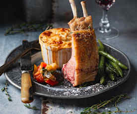 Lamb rack with roasted ratatouille, garlic green beans and potato gratin