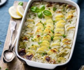 Pie di pesce con besciamella verde e patate