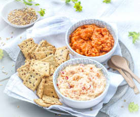 Crackers aux graines, dips à la dorade ou à la tomate