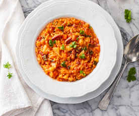 Zuppa di risoni, pancetta e verdure