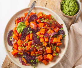 Roasted Vegetables with Walnut Arugula Pesto