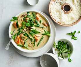 Layered Thai green vegetable curry and rice