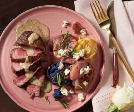 Steak with Peppered Parmesan Sauce and Roquefort Potatoes