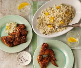 Alitas de pollo mediterráneas con arroz a la naranja