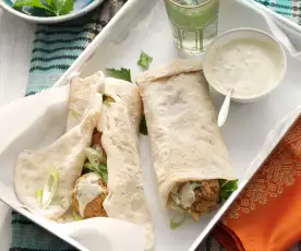 Falafel in square flatbread (R'Gaif bread) with tahini sauce