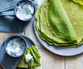 Crêpes aux épinards, sauce au yaourt