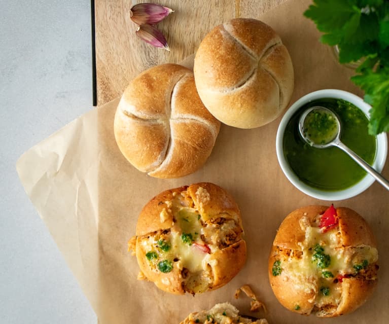 Kaiser rolls filled with cheesy chicken filling