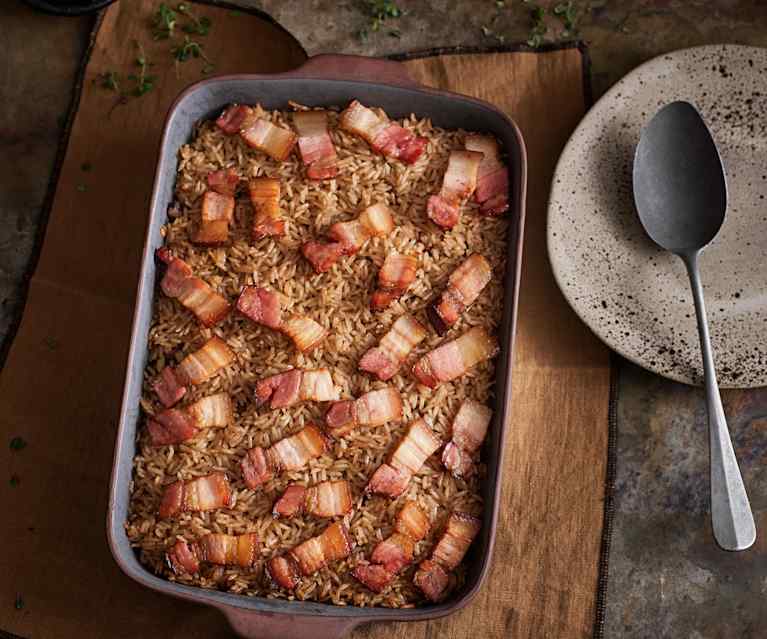 Arroz de pato com cogumelos e bacon