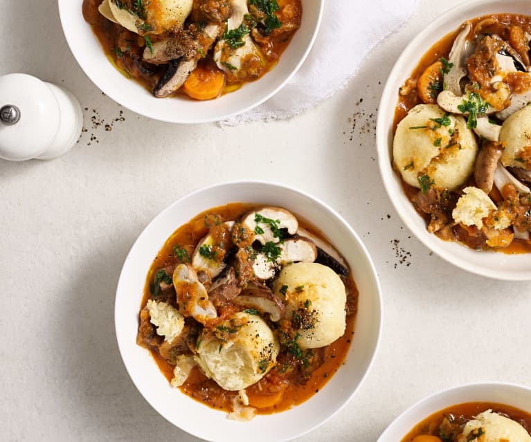 Rich mushroom stew with buttermilk dumplings