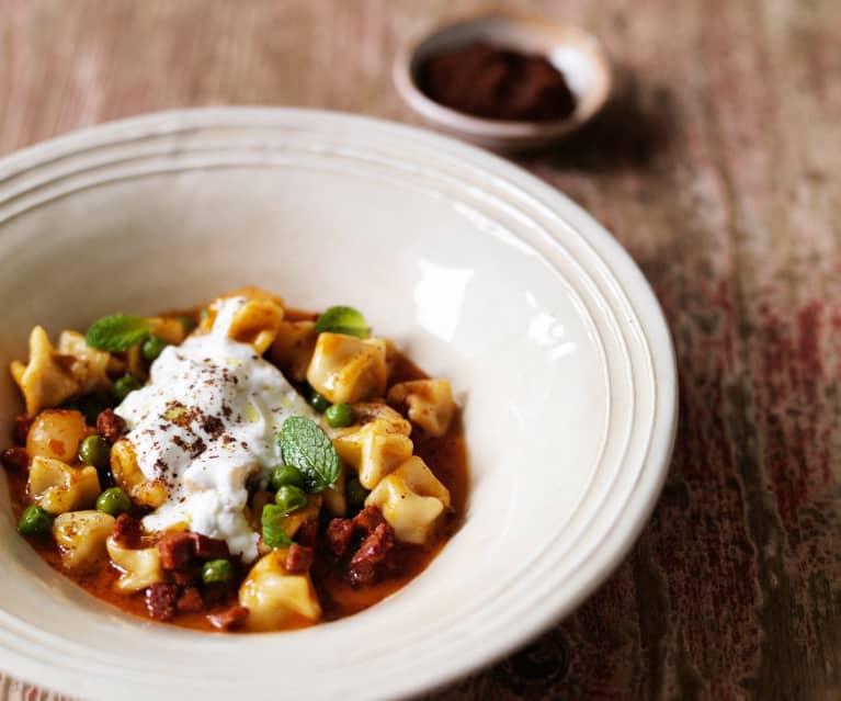 Wagyu beef manti with peas, pickled onions and garlic yoghurt