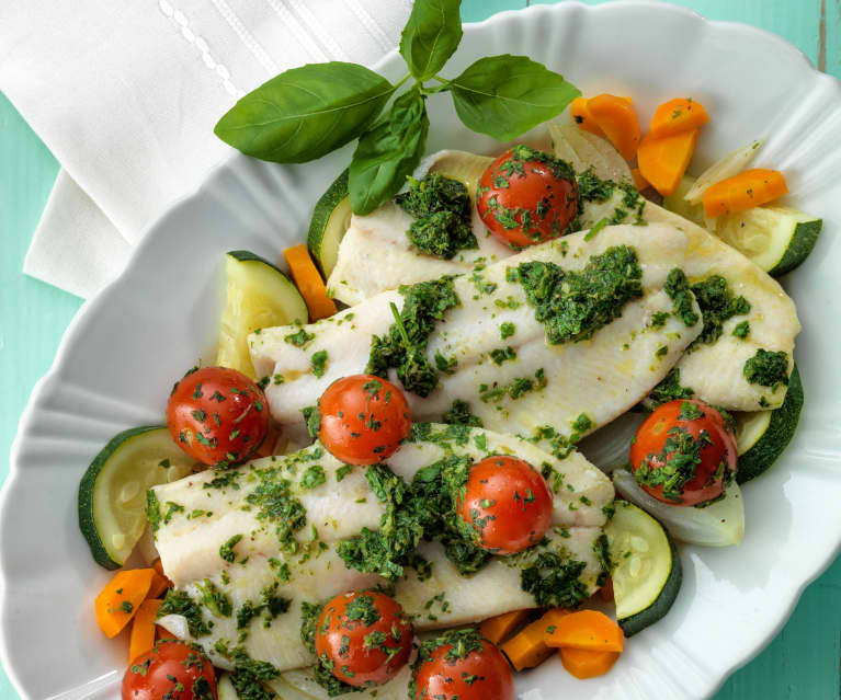 Trout with Pesto, Tomatoes and Vegetables