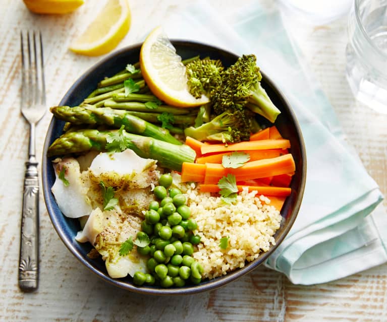 Poke bowl de colin et légumes verts (sous-vide)