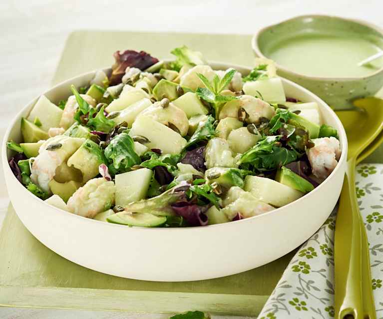 Ensalada verde con melón, aguacate y cigalas Ensalada verde con melón, aguacate y cigalas