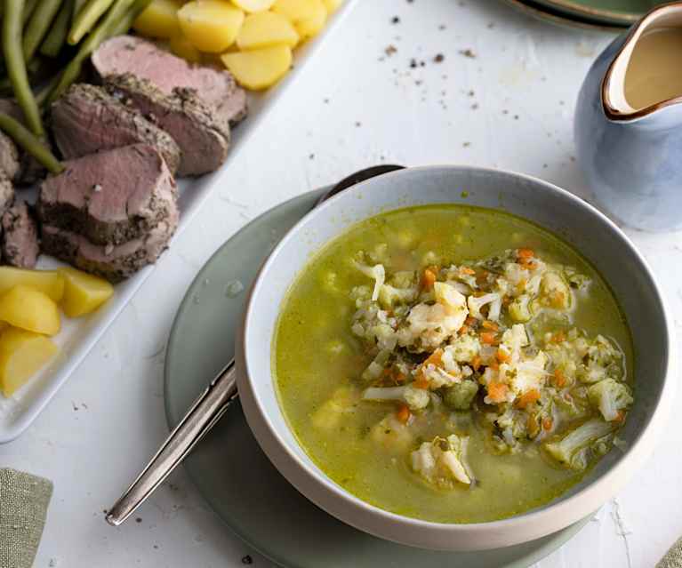 Zuppa di cavolfiore, Lonza di maiale in salsa alle pere con verdure al vapore