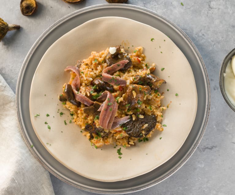 Arroz con setas y anchoas