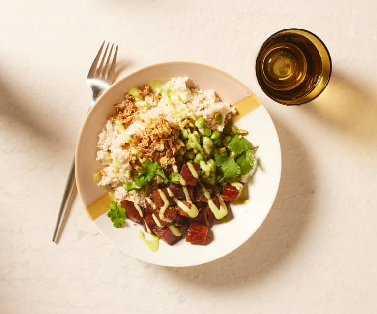 Blumenkohl-Couscous-Bowl mit Ponzu-Thunfisch und Wasabi-Mayo