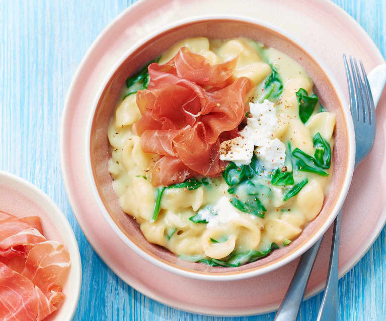 One pot orecchiette jambon cru, chèvre et épinards