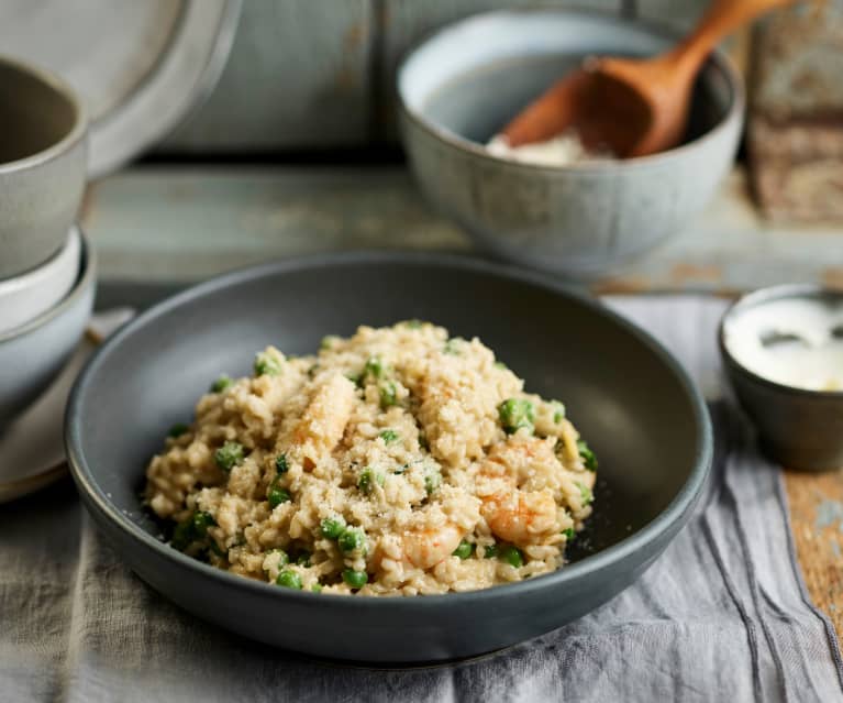 Risoto de ervilhas e camarão