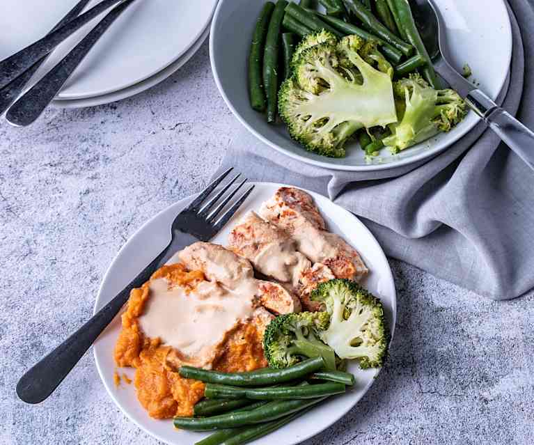 High protein paprika chicken with sweet potato mash and cashew cream