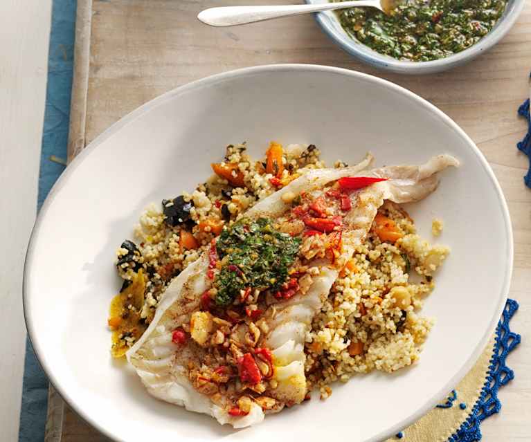 Filetti di pesce marinato con salsa chermoula e insalata di cous cous