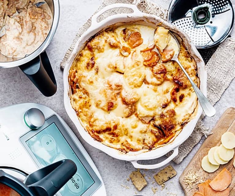 Gratin dauphinois, patate douce et cheddar à la truffe