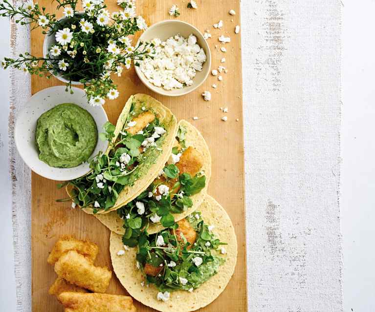 Tacos de peixe com agrião Tacos de peixe com agrião