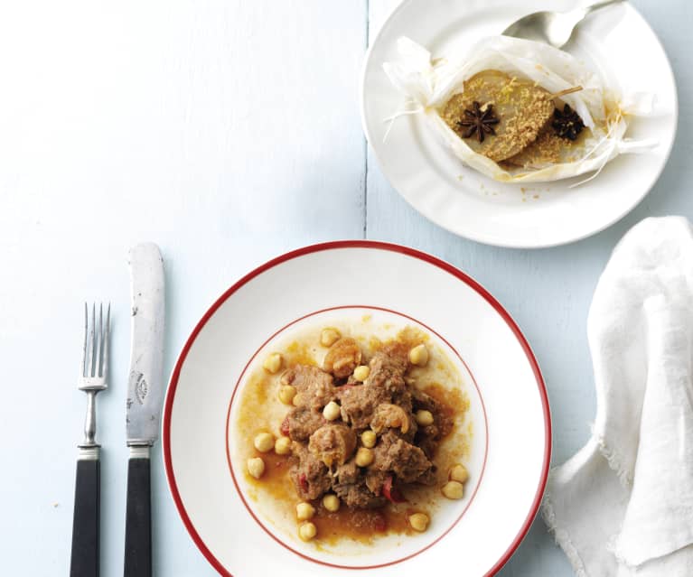 Carne guisada com grão & Pera com crumble de amêndoa