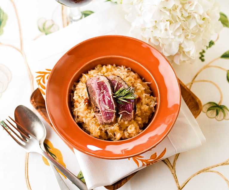 Risotto de naranja con magret de pato