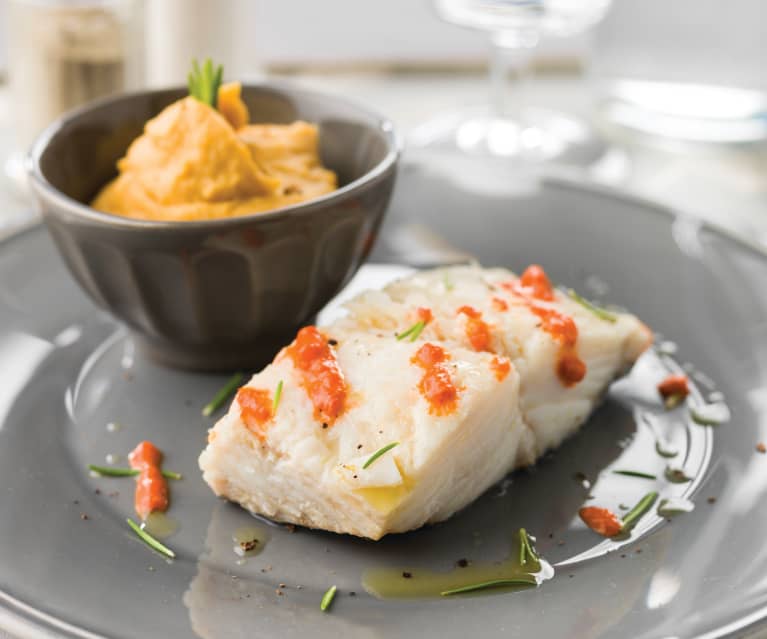 Bacalhau com puré de grão e batata doce