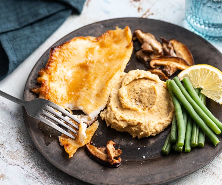 Miso fish with green beans and chickpea puree