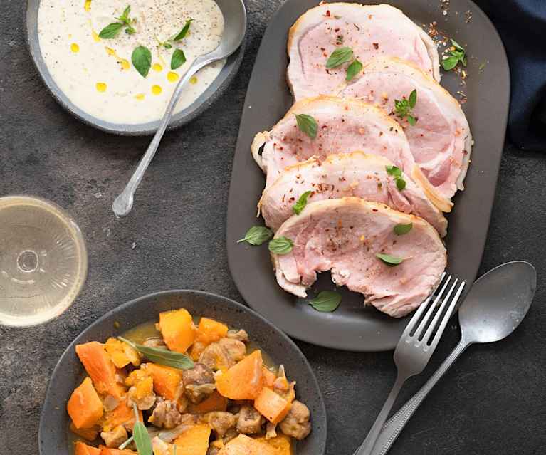 Longe de veau, légumes d'hiver et sauce au cognac