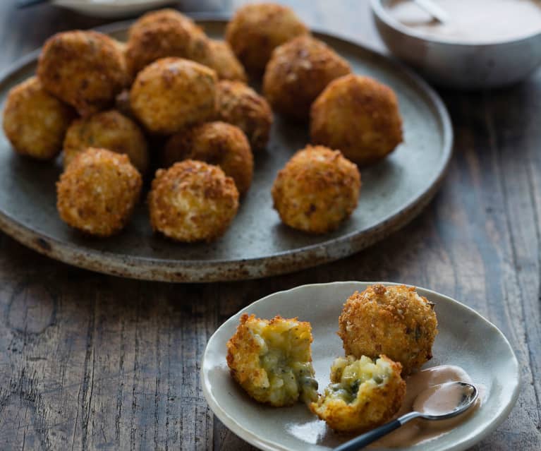 Pumpkin and blue cheese arancini with smoky yoghurt dressing