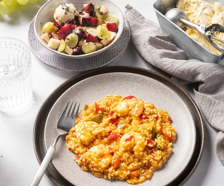 Menu: Arroz de pimentos com gambas e Salada de fruta em papelote