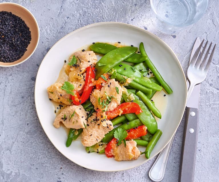 Dinde marinée au miel et légumes verts