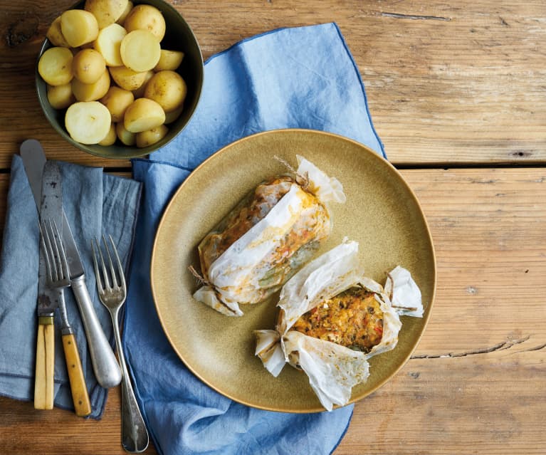 Papelotes de bacalhau e legumes com batatinhas