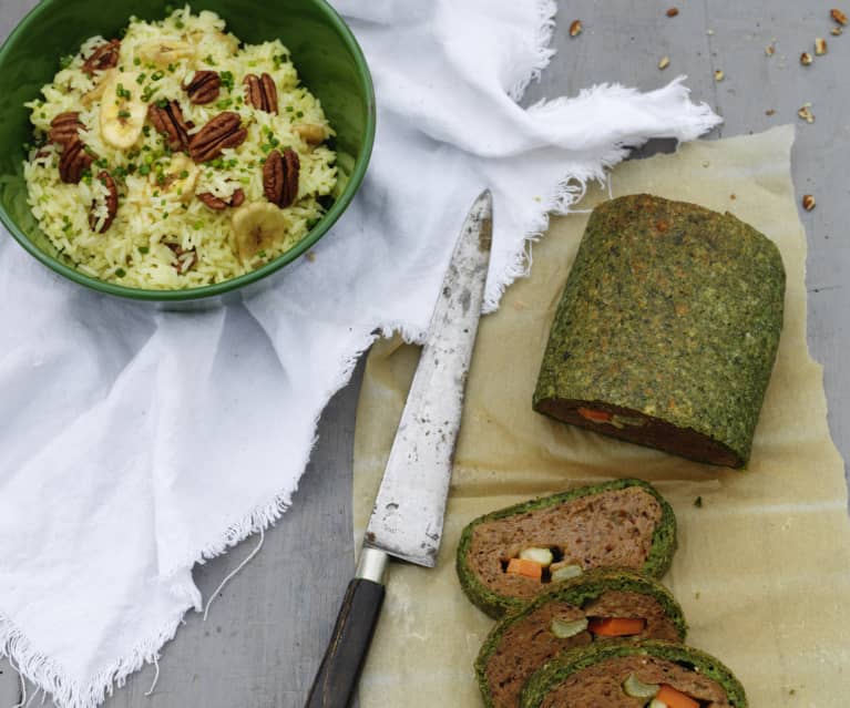 Rolo de seitan recheado com arroz de champanhe