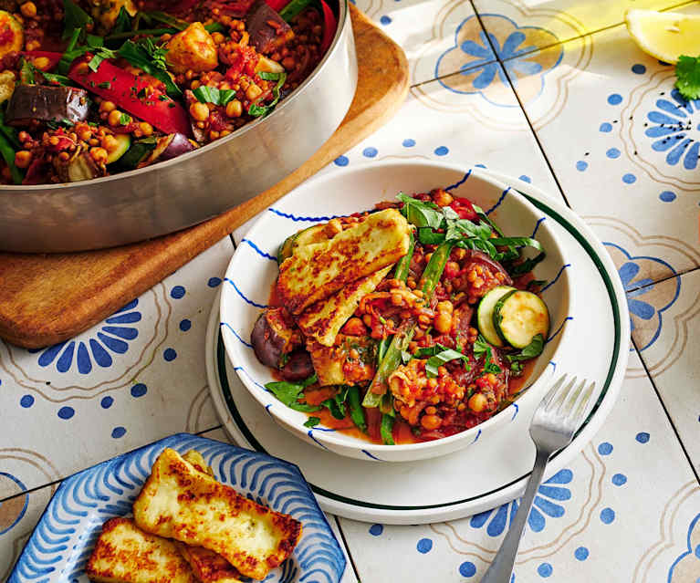 Bean ratatouille with halloumi