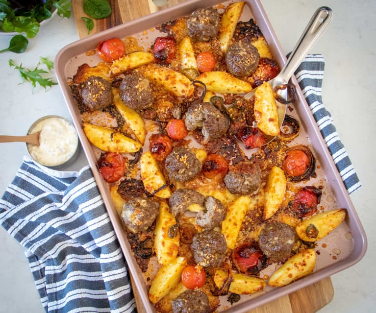 Cheeseburger Meatball and potato wedge traybake