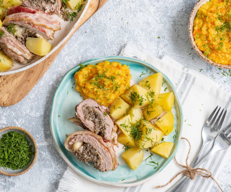 Menù: Filetto di maiale ripieno ai funghi con contorno di patate e cavolo (Bimby Friend)