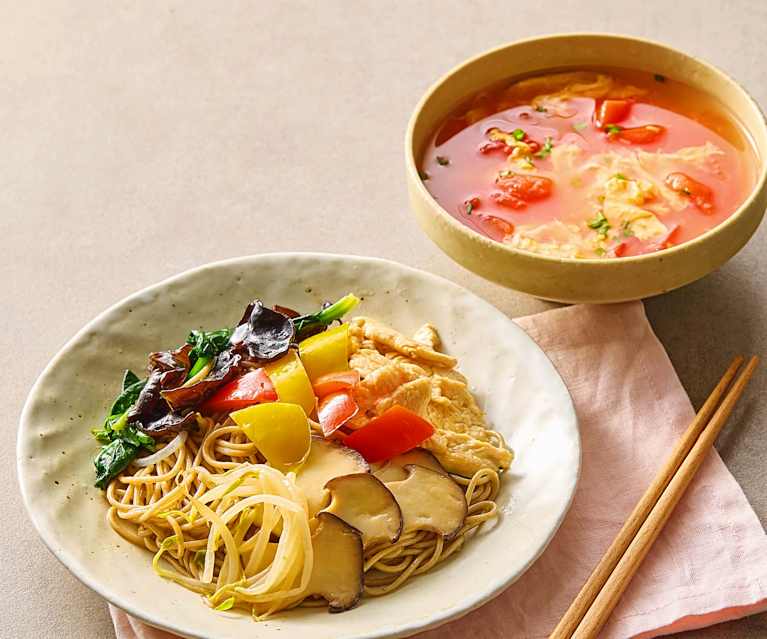 晚餐(鸡肉荞麦凉面、番茄鸡蛋汤) 晚餐(鸡肉荞麦凉面、番茄鸡蛋汤)