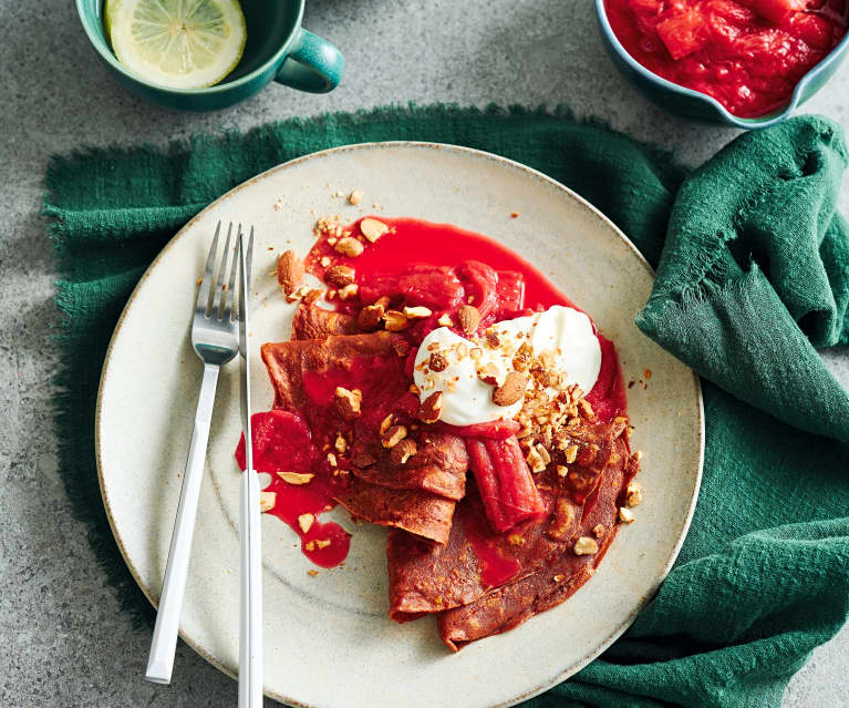 Cacao and buckwheat crêpes, orange and rhubarb (Diabetes)