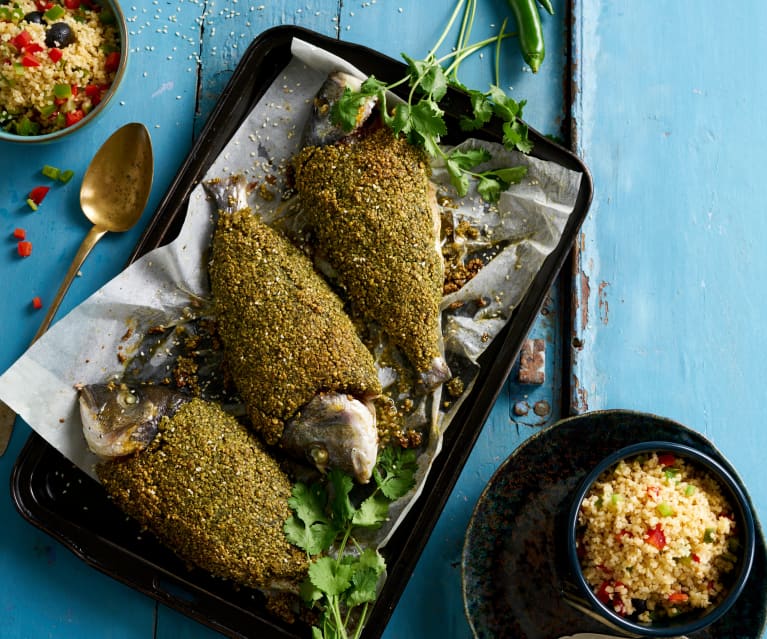 Douradas com crumble de avelã e bulgur de legumes