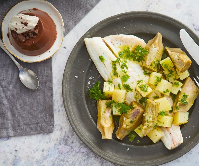 Menù: Branzino, patate e carciofi e budino al cioccolato