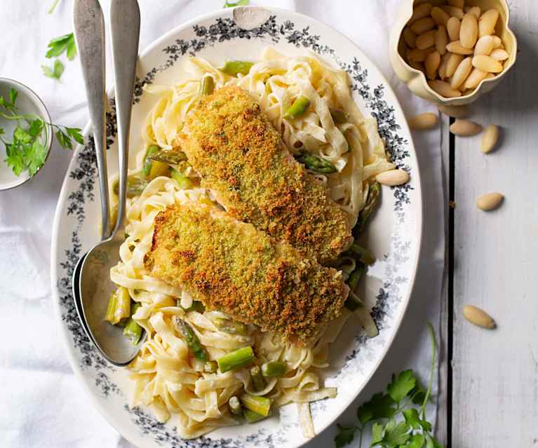 Saumon en croûte d'amandes et pappardelle aux asperges